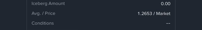 A dark interface snippet shows order details for XRP, listing an Iceberg Amount of 0.00, an Avg./Price of 1.2653 / Market, and Conditions as "--". This likely represents the post author's market order settings as they officially resume buying XRP around the 1.2653 price level.