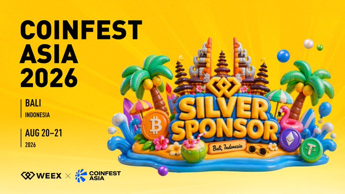 A vibrant promotional graphic for Coinfest Asia 2026 (Aug 20–21, Bali, Indonesia) features a colorful 3D tropical island scene with Balinese temples, palm trees, and a beach setup labeled "Silver Sponsor," alongside WEEX branding and the event's silver sponsor badge featuring Bitcoin, Ethereum, and other crypto symbols—tying into the post's announcement of the WEEX Ocean Suite at the event.
