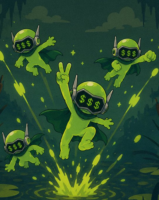 Cartoonish green alien superheroes wearing masks displaying "$$$" symbols burst from a glowing green swamp, with the central figure flashing a peace sign—visually echoing the post's triumphant "We are inevitable" sentiment tied to the $AGI ticker.