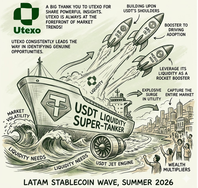 The image features a cartoon depiction of a ship with the words "USDT" written on its side, which stands for USDCurrency token. The ship is sailing through rough waters, symbolizing the turbulent financial markets. In the background, there are people holding up signs that say "Building upon USDCurrency token", indicating their support and involvement in the cryptocurrency space. The text at the bottom of the image reads "LATAM STABLECON WAVE SUSTAINABILITY 2026".