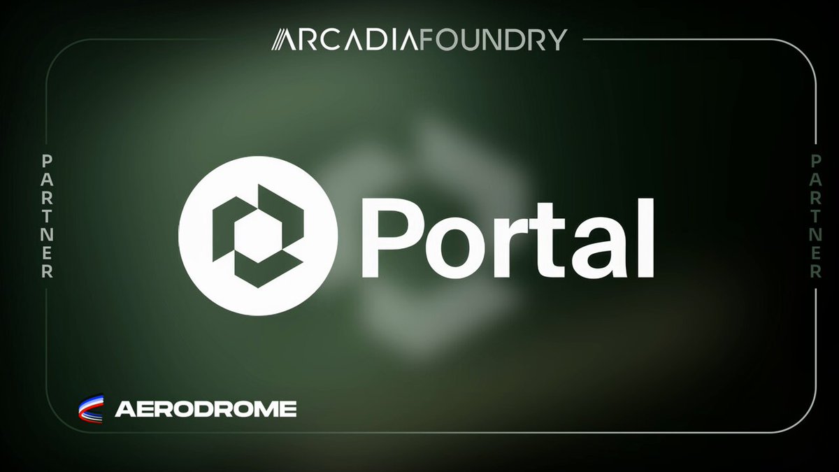 A dark-themed promotional graphic displays the "Portal" coin logo alongside branding for Arcadia Foundry, Aerodrome, and the word "PARTNER" on both sides, celebrating the successful migration of $PORTAL liquidity to Aerodrome's v3 Slipstream pool on Base with $5.7M in volume served and 15% annualized treasury yield.