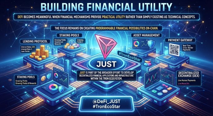 A promotional graphic titled 'BUILDING FINANCIAL UTILITY' featuring the JUST cryptocurrency token and detailing various DeFi applications like 'LENDING PROTOCOL', 'STAKING POOLS', 'ASSET MANAGEMENT', 'PAYMENT GATEWAY', and 'DECENTRALIZED EXCHANGE (DEX)', with hashtags '@DeFi_JUST' and '#TronEcoStar'.