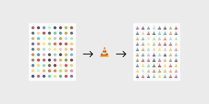 An infographic showing a grid of colorful circles transforming into a grid of colorful cones via a traffic cone icon.