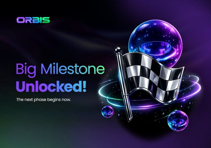 The image features an advertisement with a purple background that displays a black and white checkered flag and a silver ball floating in space, surrounded by bubbles. The text "Big Milestone Unlocked!" is written above the flag, and the phrase "@OrbisOnSOL has officially instructed @Hashlock_ to perform our marketplace security audit. We're committed to building a secure, reliable platform for Solana NFT collectors and communities from day one." is written below the flag.