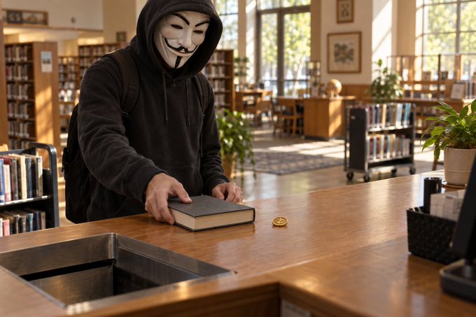 A person wearing a Guy Fawkes mask and black hoodie stands at a library counter, placing a black book down next to a gold coin.