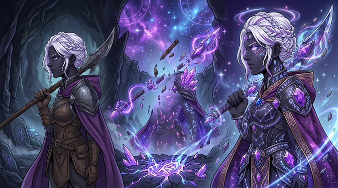 Fantasy illustration of two female figures with white hair and purple attire, one wielding a spear, set against a backdrop of floating purple crystals and stars.