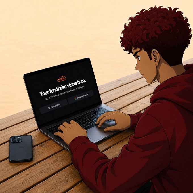 An animated illustration depicts a curly-haired boy in a red hoodie typing on a laptop displaying 'Your fundraise starts here' with 'Continue with X' and 'Continue with Google' buttons, a phone beside it.