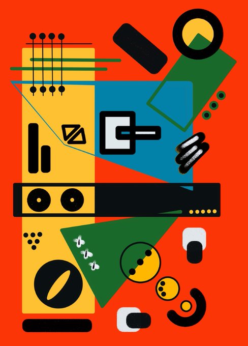 An abstract geometric composition on an orange background incorporates various shapes, lines, and stylized elements resembling parts of a guitar, camera, and other mechanical objects.