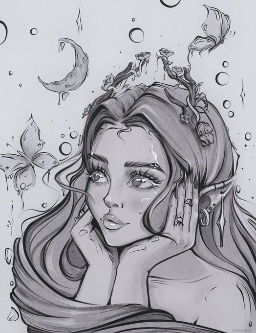 A detailed black and white pencil-style illustration of an elven woman with pointed ears, floral hair accessories, and butterflies surrounding her face.