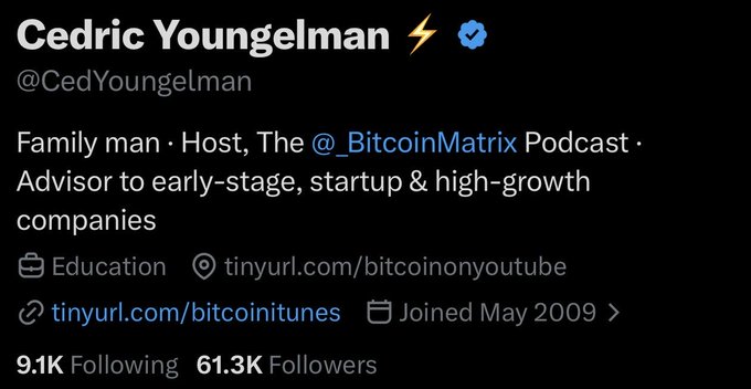 A Twitter profile for Cedric Youngelman (@CedYoungelman) describing himself as a "Family man · Host, The @_BitcoinMatrix Podcast · Advisor to early-stage, startup & high-growth companies" with 61.3K followers.