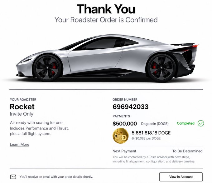 A Tesla order confirmation screen showing a silver Roadster with a $500,000 Dogecoin payment completed and order number 696942033.