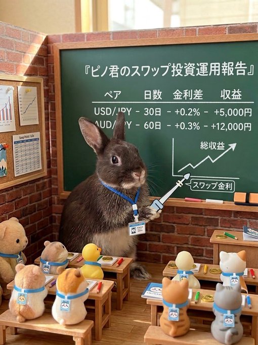 A whimsical scene featuring a real rabbit wearing a lanyard as a teacher pointing at a chalkboard in Japanese about swap investment profits, with small plush animals as students seated at desks.