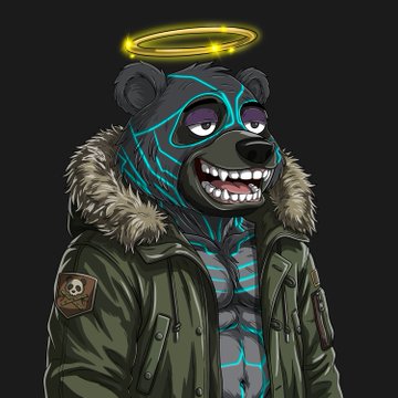 A digital illustration of an anthropomorphic bear character with glowing blue circuit-like markings on its face and body, wearing an olive green military parka with a fur-lined hood and a glowing yellow halo floating above its head against a black background.
