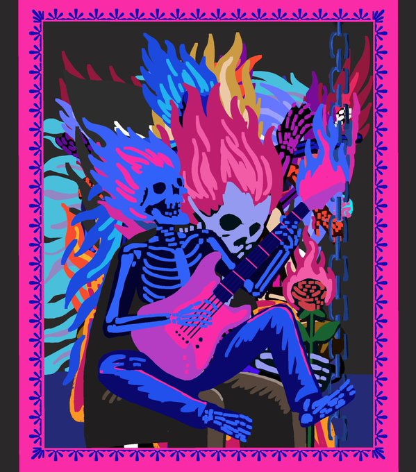 A vibrant, stylized digital illustration of a blue skeleton with a pink and yellow flaming head playing a pink guitar, holding a rose, set against a dark background with flames and framed by a pink decorative border.