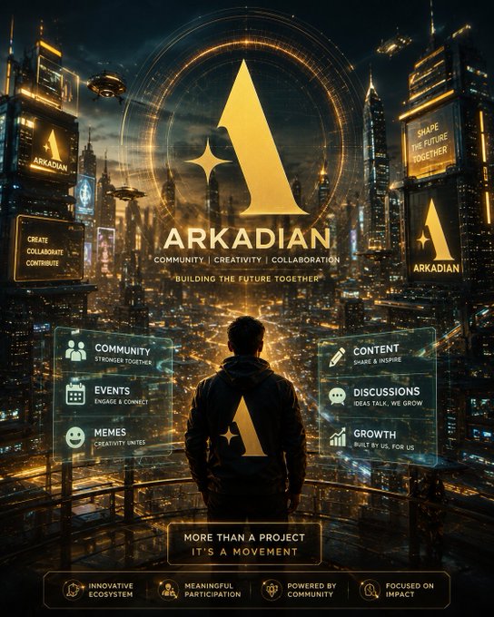 A promotional graphic for 'ARKADIAN' displays a futuristic cityscape with the tagline 'BUILDING THE FUTURE TOGETHER' and features categories like Community, Events, Memes, Content, Discussions, and Growth.