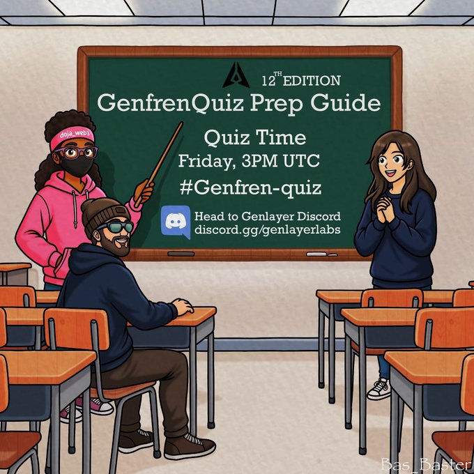 Classroom-style illustration for the 12th edition GenfrenQuiz Prep Guide, advertising a Friday 3PM UTC quiz on Genlayer Discord.