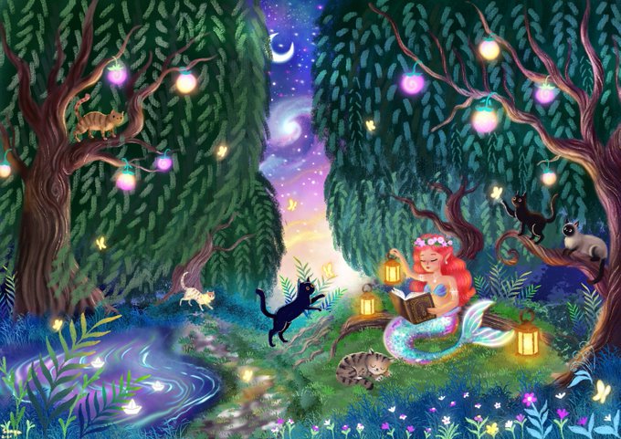 A whimsical illustration of a red-haired mermaid reading a book in a magical forest with willow trees, glowing lanterns, cats, and fireflies under a starry night sky.