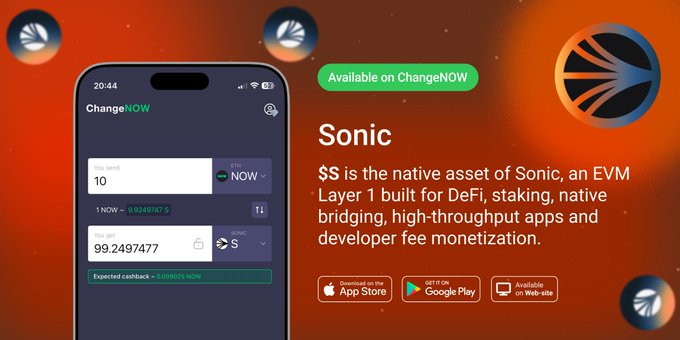 The image shows a cell phone displaying an app called "ChangeNOW" for Sonic. The app allows users to change their native asset from Sonic to EVM, which can be used as a DeFi layer 1 built for DeFi projects. The app also provides information about the native asset and how it is used in the context of DeFi.