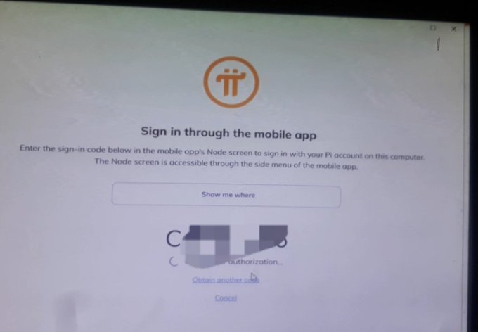 A computer screen displays the Pi Network "Sign in through the mobile app" prompt, with the authorization code obscured and a cursor hovering over "Obtain another code," reflecting the user's surprise at the unusual confirmation request.