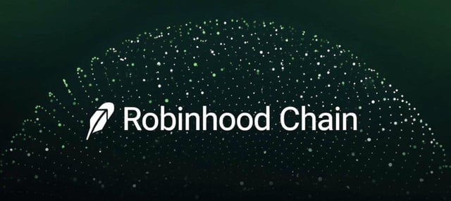 Robinhood Chain logo with a white feather icon displayed against a dark green background with a green particle/dot network effect.