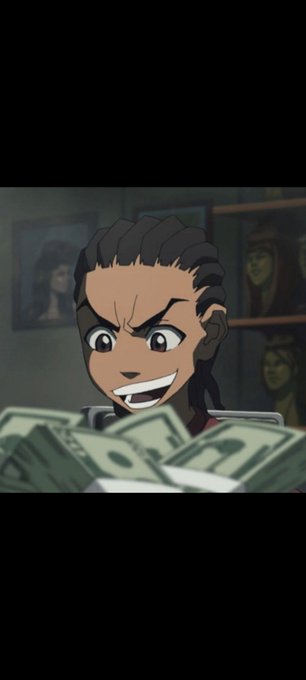 An animated character with braided hair grins mischievously from behind a large pile of cash.