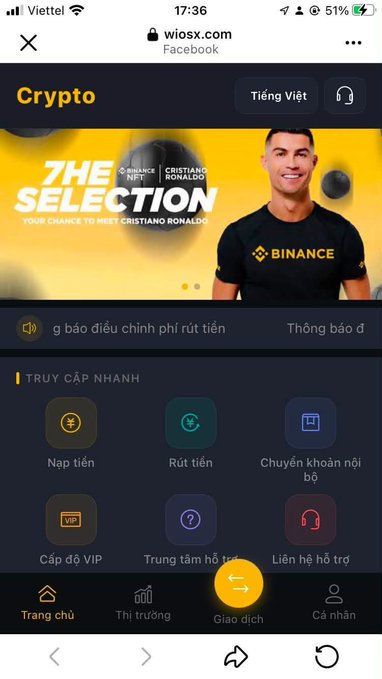 A mobile screenshot of wiosx.com showing a 'Binance The Selection - Your Chance To Meet Cristiano Ronaldo' banner featuring Ronaldo, with Vietnamese menu options including 'Nạp tiền' (deposit), 'Rút tiền' (withdraw), and 'Trang chủ' (home).