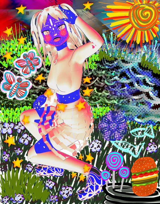 A vibrant, psychedelic digital illustration features a masked figure in a blue bodysuit surrounded by stars, flowers, lollipops, a hamburger, and a spiral sun.