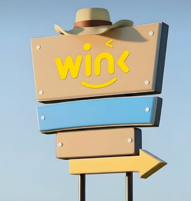 A stylized signpost featuring a cowboy hat atop a board displaying "WINk" in yellow smiley-style lettering, with blank panels and a yellow arrow pointing right below, set against a blue sky—visually symbolizing WINkLink's role as a guiding oracle layer for smart contracts in the TRON ecosystem.