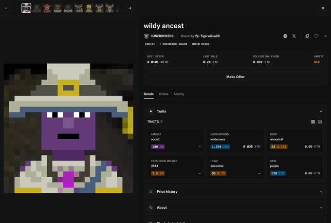 An NFT marketplace listing for 'wildy ancestor' from the Runebrokers collection, showing pixelated character artwork with traits like 'occult' and 'wilderness'.