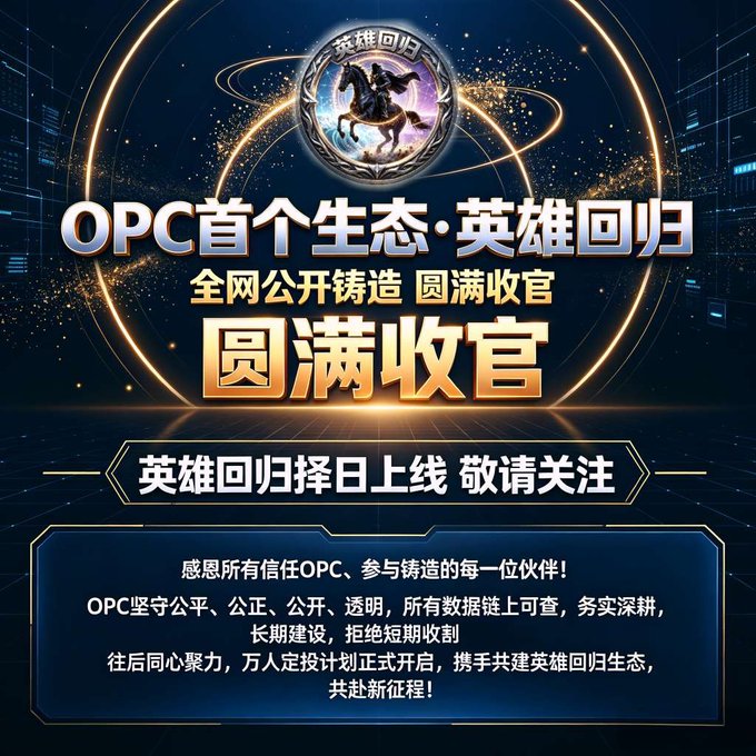 A Chinese promotional graphic for OPC (英雄回归) announcing the conclusion of their public minting campaign.