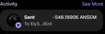 A screenshot of a transaction activity log showing a sent transfer of -546.18906 $ANSEM to address EiYs...i9zX, illustrating the $ANSEM airdrop mentioned in the post.
