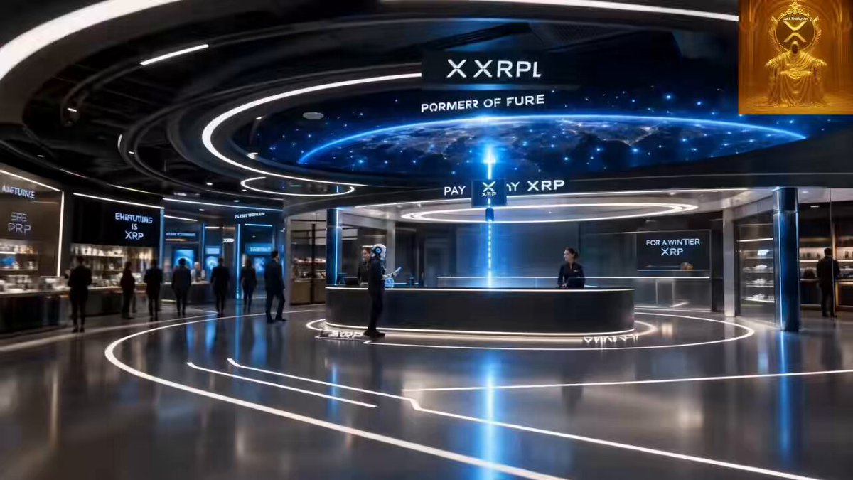 The image shows a large, modern building with a futuristic design featuring blue lights and a curved ceiling. In front of the entrance, there are two people standing near a counter, possibly waiting for something or someone. The surrounding area also includes several other counters and displays in various shops within the building. The post about AI agent payments is related to this setting as it highlights the integration of modern technology into everyday life, including the use of AI agents like Ripple for digital transactions.