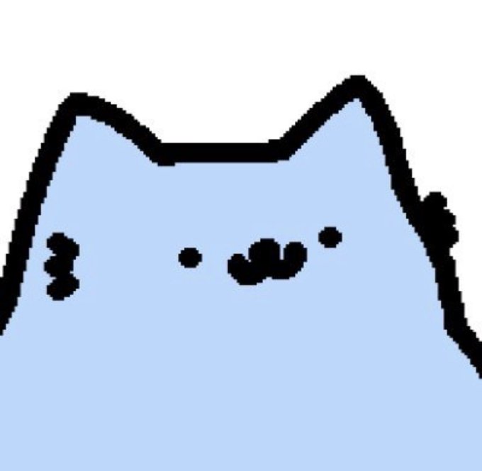 A simple cartoon illustration of a light blue cat with a grumpy expression and closed, squinting eyes.