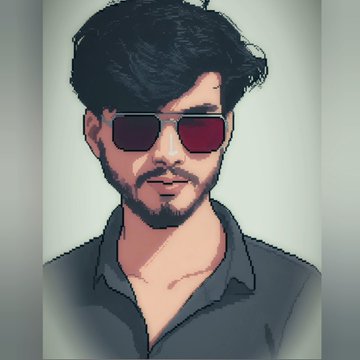 An illustrated portrait of a man with dark hair, a beard, and sunglasses with red-tinted lenses, wearing a dark shirt.