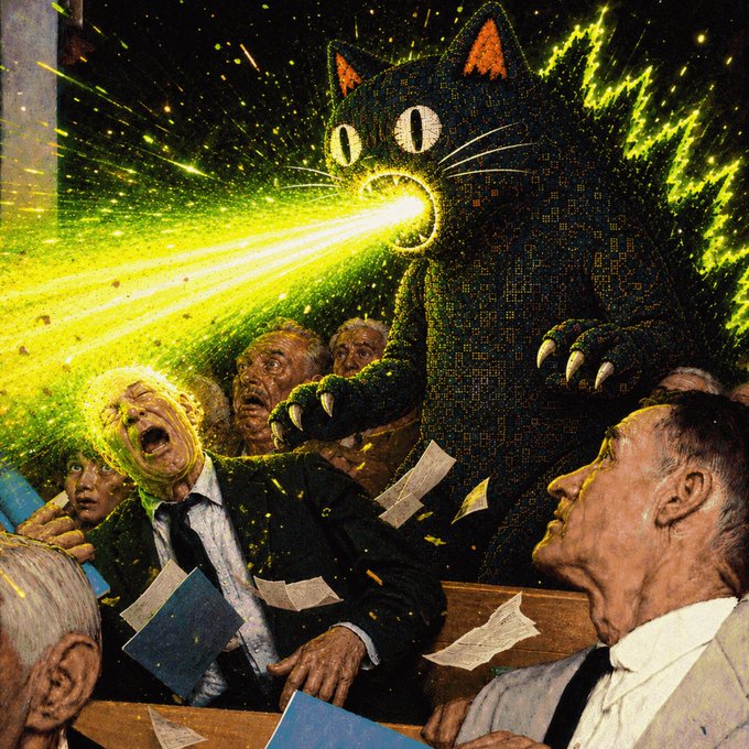 A surreal, horror-style illustration depicts a giant black cat-like creature shooting a bright green laser beam from its mouth at screaming office workers in suits, with documents flying through the air amid the chaotic scene.