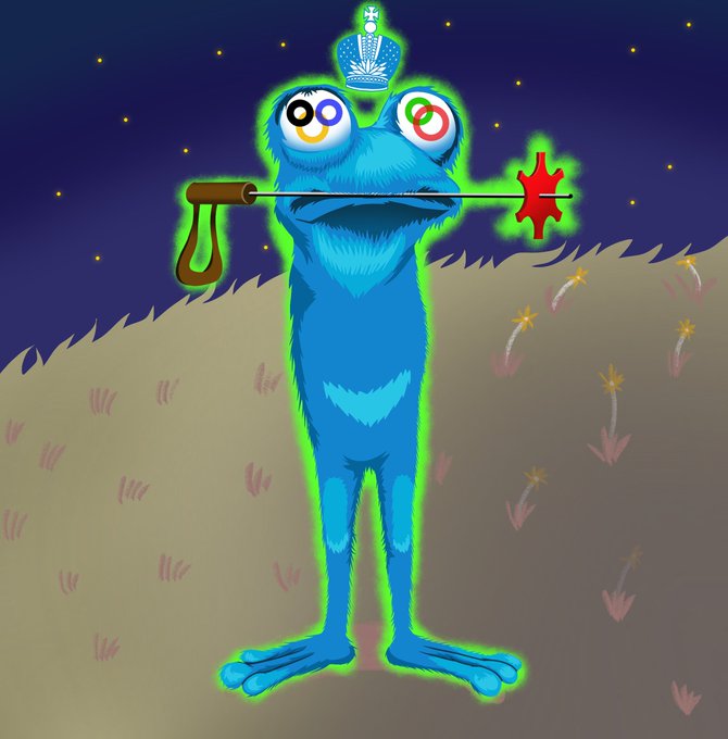 A glowing blue frog stands in a desert landscape holding a staff with a green outline, symbolizing its mystical presence on the Blue Chain blockchain.