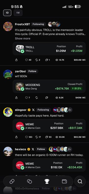 A screenshot of a social media feed showing posts about crypto memecoins, including TROLL, MOODENG, MEME, and another MEME, with profit figures and market caps displayed.