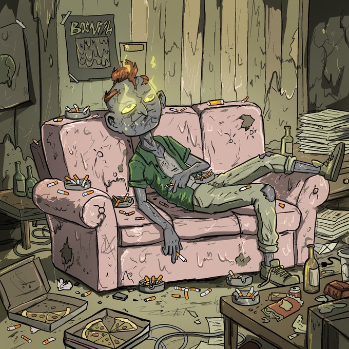 The image features a cartoon character, possibly a zombie or a monster, lounging on an old pink couch with their head resting on the armrests. The room appears to be filled with various objects such as pizza boxes, bottles, and books scattered around. There are also cigarette butts present in the scene. The post about the website bot mentions that there is a "collab" or "dev" involved, which could potentially mean that someone has created this image for a project related to the website or the person who posted it.

The character's position on the couch and the presence of objects like pizza boxes and books suggest that they might be in a casual setting, possibly a living room or a bedroom. The fact that there are cigarette butts scattered around indicates that smoking may also be present in this space.