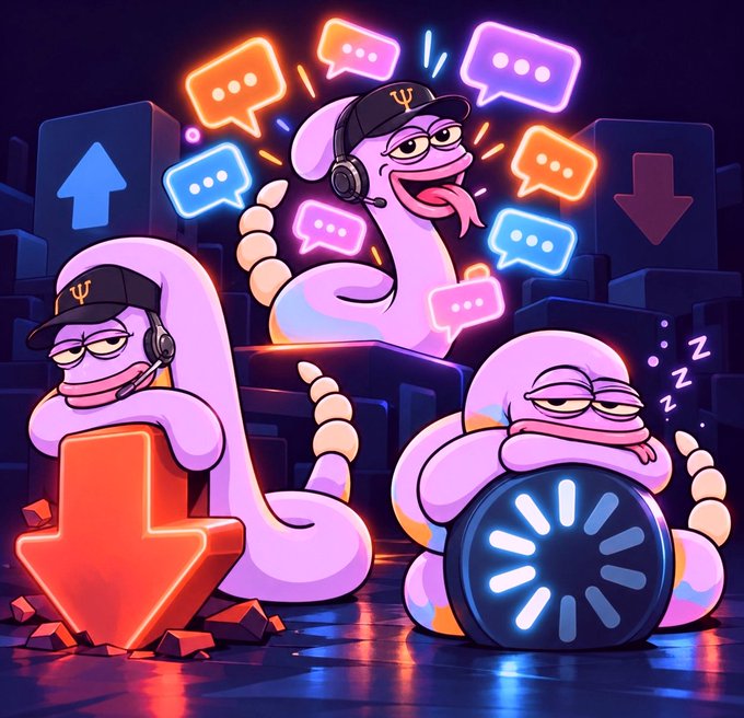 A vibrant digital illustration features three purple cartoon characters wearing headsets, surrounded by colorful neon chat bubbles, down arrows, and a loading icon.