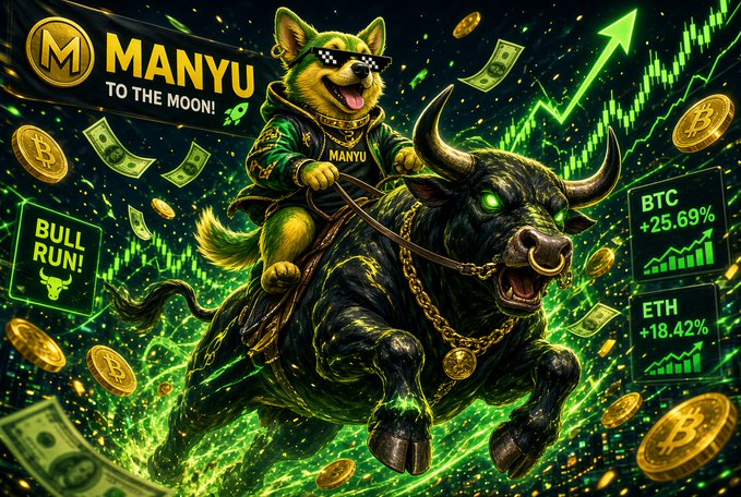 A crypto meme illustration showing a Shiba Inu dog wearing sunglasses riding a green glowing bull, with text "MANYU TO THE MOON!", "BULL RUN!", and price tickers showing BTC +25.69% and ETH +18.42% against a green chart background.
