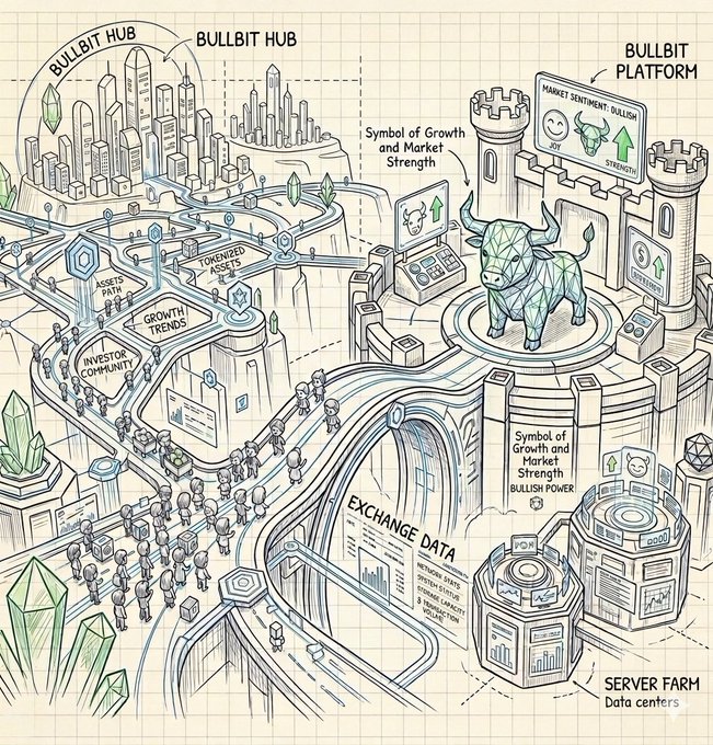 The image features a detailed map of a city, with a large bull statue at its center. The map includes various buildings and roads, showcasing the layout of the city. The post about Bullbit Hub also contains information about the bull statue's location within the city.