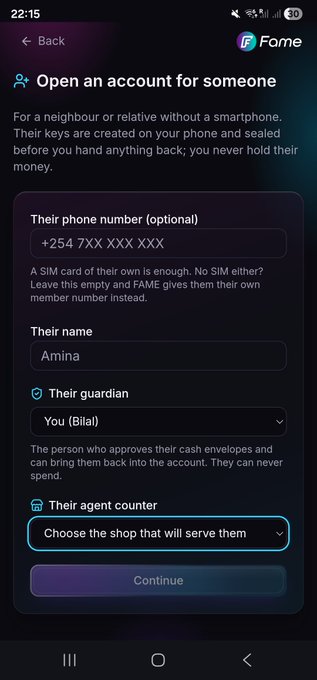 Screenshot of the Fame app showing a screen titled 'Open an account for someone' with fields to enter phone number, name, and select a guardian and agent counter.