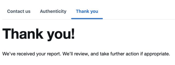 A 'Thank you!' confirmation screen from Instagram noting 'We've received your report. We'll review, and take further action if appropriate.'
