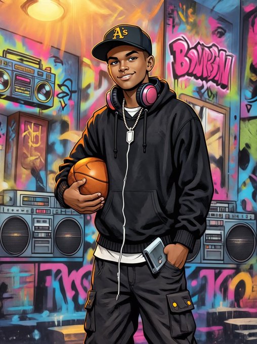 A stylish young man wearing an "A's" cap, black hoodie, and red headphones holds a basketball and smartphone in a vibrant, graffiti-covered studio setting with boomboxes and "BOOMIN" graffiti in the background, embodying the "Kid Creator" street-art aesthetic promoted in the NFT giveaway post.