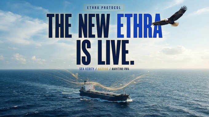 A promotional image for the 'New Ethra' (Ethra Protocol) featuring a cargo ship on the ocean with an eagle flying overhead.