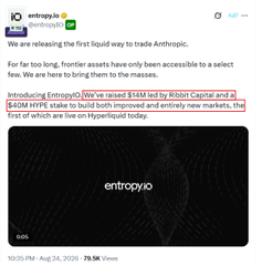 A tweet from @entropy_io announcing the first liquid way to trade Anthropic, mentioning they raised $4M led by Kibo Capital with the text "SOAR HYPE" highlighted.
