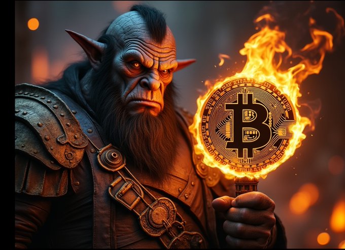 A fierce orc-like warrior with pointed ears, wearing studded leather armor, holds a flaming physical Bitcoin coin with a 'B' emblem against a dark, fiery background.