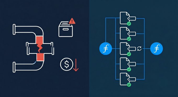 The image shows a graphic design featuring two parallel illustrations of pipes and their connections. One pipe is represented by a red line going through the center of the image, while the other pipe has a green line coming out from its left side. Each pipe displays a different set of information about data quality and broken pipelines, with a text overlay providing context to the visuals. The post suggests that poor data quality and broken pipelines are not only costly but also caused by incomplete or inaccurate data. A solution to this problem is Filecoin, which can help restore and manage these fragmented sets of data for businesses.
