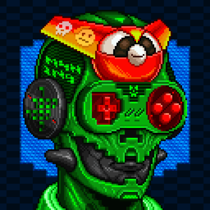 Pixel art image of a green robotic/masked character with red accents, a smiling face emblem on top, and what appears to be a hazard smiley face icon.