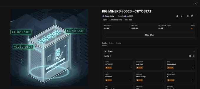 A screenshot of the Nexus Mining marketplace displays the listing for "RIG MINERS #0328 - CRYOSTAT," showing it owned by the Nexus Mining contract with an offer of $220.56 and a rarity score of 74. The interface includes trade history transactions such as a CRYOSTAT sold to Sol-Ashland for $5.55 and a Snow Block sold for $20.40, visually supporting the post about a Nexus Mining NFT changing hands for $222.56 on the secondary market.